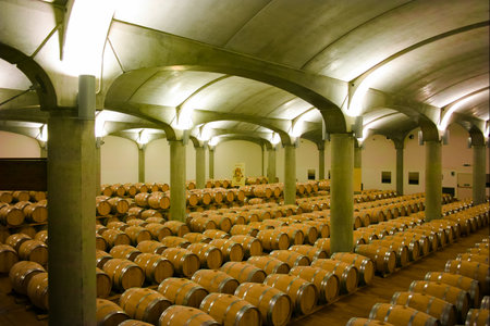Wine barrels stacked in the cellar of the winery, Marsala, Sicily