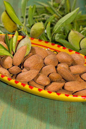 Ripe almonds and fresh green almonds on the branch with leaves on wooden backgroundの写真素材