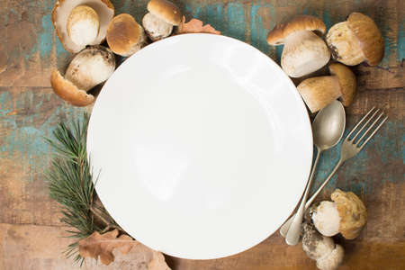 Autumn dinner concept - cutting board with copy space - fresh porcini boletus oak muchrooms, high quality,restaurant menu, a la carteの写真素材