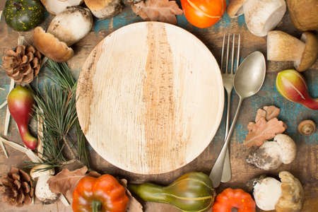 Autumn dinner concept - cutting board with copy space - fresh porcini boletus oak muchrooms, high quality,restaurant menu, a la carteの写真素材