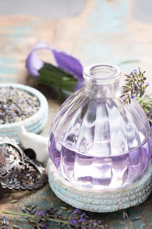Nature cosmetics, handmade preparation of essential oils, parfums, creams, soaps from fresh and dried lavender flowers, French artisanal boutique home styleの写真素材