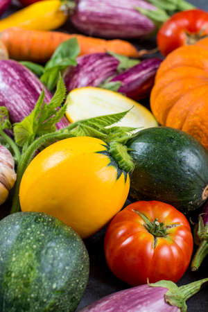 Fresh colorful organic vegetables - round courgette, small eggplants, tomatoes, diet concept, Italian and French food, healthy food.の写真素材