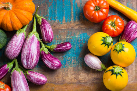 Fresh colorful organic vegetables - round courgette, small eggplants, tomatoes, diet concept, Italian and French food, healthy food.の写真素材