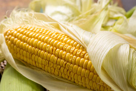Fresh yellow ripe sweet raw corn on rustic wooden table, closeupの写真素材