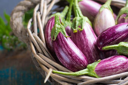 Vegetarian menu template - small fresh eggplants on wooden table copy space, healthy foodの写真素材