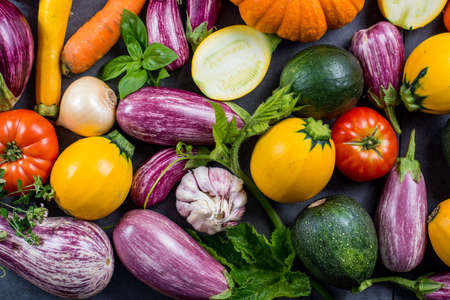 Fresh colorful organic vegetables - round courgette, small eggplants, tomatoes, diet concept, Italian and French food, healthy food.の写真素材
