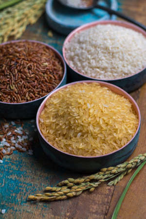 Green rice ears from Camargue Provence, France rice fields and valiety of dried rice on wooden tableの写真素材