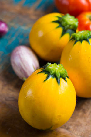 Fresh colorful organic vegetables - round courgette, small eggplants, tomatoes, diet concept, Italian and French food, healthy food.の写真素材