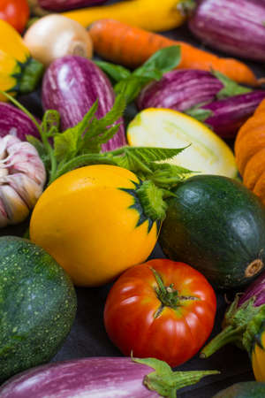 Fresh colorful organic vegetables - round courgette, small eggplants, tomatoes, diet concept, Italian and French food, healthy food.の写真素材