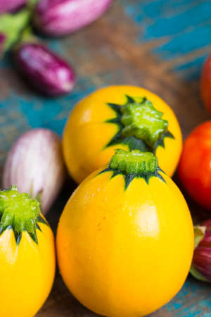 Fresh colorful organic vegetables - round courgette, small eggplants, tomatoes, diet concept, Italian and French food, healthy food.の写真素材