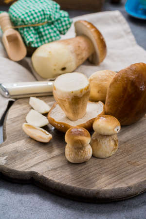 Boletus edulis, cepe, porcini mushrooms washed on gray concrete background, tasty food from forest, autumn menu, ready to cookの写真素材