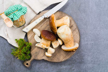 Boletus edulis, cepe, porcini mushrooms washed on gray concrete background, tasty food from forest, autumn menu, ready to cookの写真素材