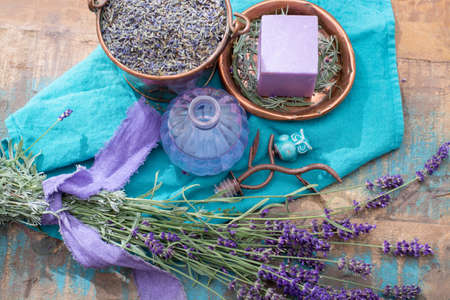 Lavender soap and natural perfumed oil, made from fresh or dried lavender flowers, aroma spa treathment and bodycare for womenの写真素材