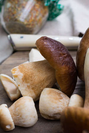 Boletus edulis, cepe, porcini mushrooms washed on gray concrete background, tasty food from forest,...