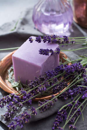 Lavender soap and natural perfumed oil, made from fresh or dried lavender flowers, aroma spa treathment and bodycare for womenの写真素材