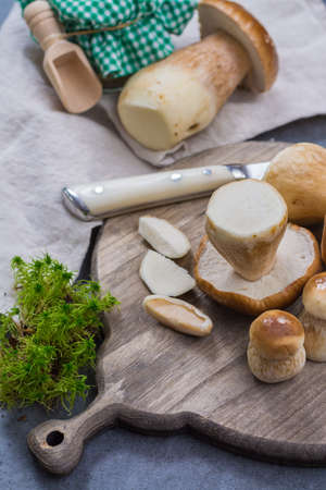 Boletus edulis, cepe, porcini mushrooms washed on gray concrete background, tasty food from forest, autumn menu, ready to cookの写真素材