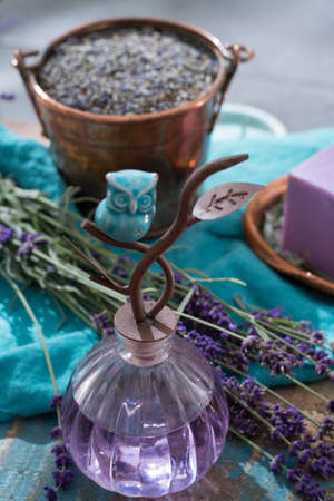 Lavender soap and natural perfumed oil, made from fresh or dried lavender flowers, aroma spa treathment and bodycare for womenの写真素材