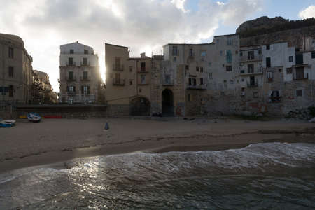 Touristic and vacation pearl of Sicily, small town of Cefalu at sunrise, Sicily, south Italyの写真素材