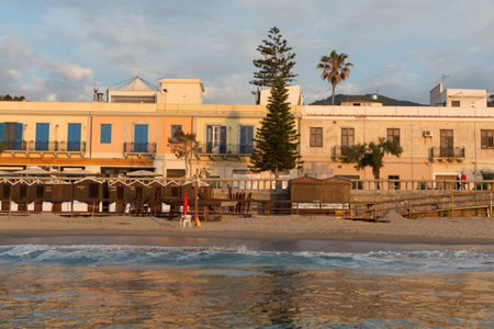 Touristic and vacation pearl of Sicily, small town of Cefalu at sunrise, Sicily, south Italy, sea viewのeditorial素材