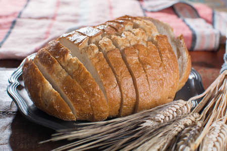 Sliced fresh baked white wheat bread and whole wheat earsの写真素材
