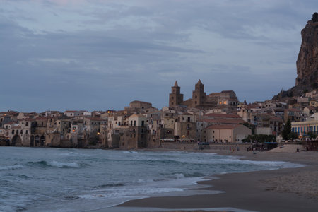 Touristic and vacation pearl of Sicily, small town of Cefalu at sunrise, Sicily, south Italy, sea viewのeditorial素材