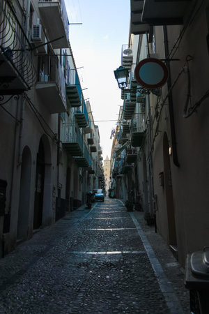 Touristic and vacation pearl of Sicily, small town of Cefalu at sunrise, Sicily, south Italy, street viewのeditorial素材