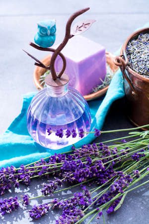 Lavender soap and natural perfumed oil, made from fresh or dried lavender flowers, aroma spa treathment and bodycare for womenの写真素材