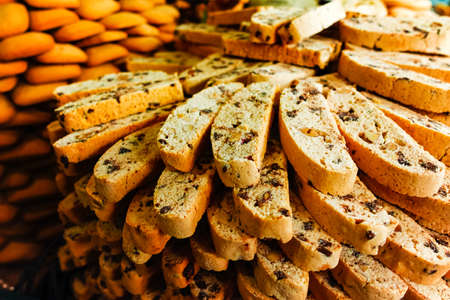 Traditional old french biscuits and cookies shop, stack with variery of cookies on sale.の写真素材