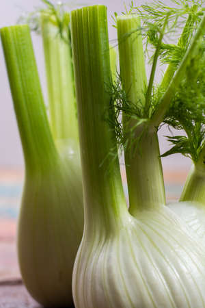 Fresh raw organic Florence fennel bulbs, close up on wooden tableの写真素材