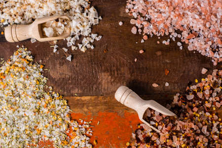 Variety of sea salt, pink Himalayan salt, colorful salt with dried chili pepper, herbs and spices
 close upの写真素材
