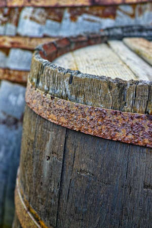 Old wooden barrel close up used voor wine, whiskey, other alcoholic drinksの写真素材