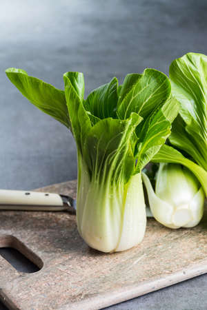 Fresh raw green baby Bok choy or pak choi Chinese cabbageの写真素材