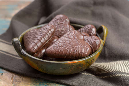 Traditional Polish pierniki, hearts from  chocolate gingerbread