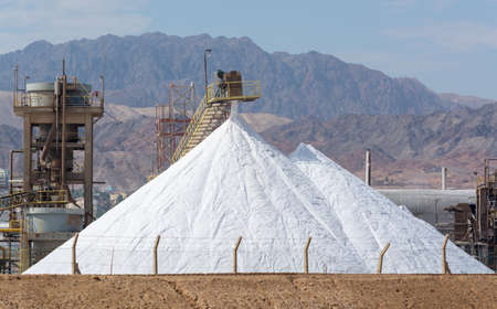 White pyramids with natural organic sea salt, salt works on factory near Eilat in Israelの写真素材