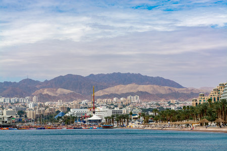 City view, panoramic view of sunny Eilat, touristic and vacation luxury oasis in Negev desert on south of Israel at Red seaのeditorial素材