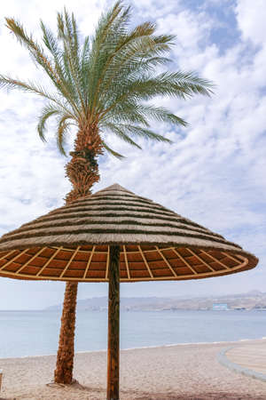 Beautiful public sandy beaches on Red Sea in Eilat with stro umbrellas, luxury vacation spa resorts in Israelの写真素材