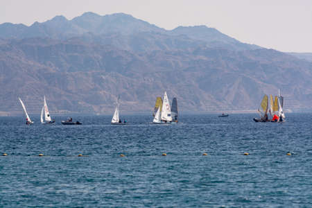 Group of windsurfers is Red sea near Eilat, Israel, water sport and recreationの写真素材