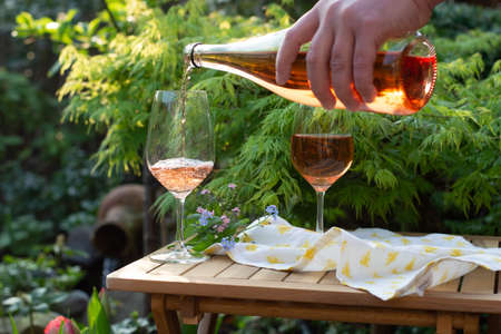 Waiter pouring cold rose wine in glasses on outdoor terrace in garden in sunny dayの写真素材