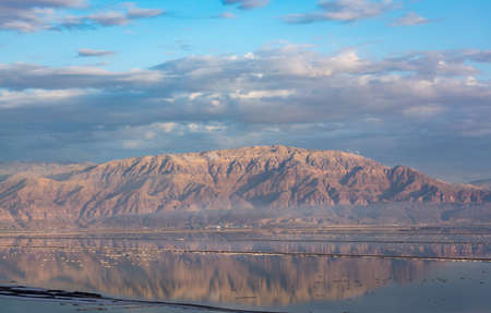 Lowest salty lake in world below sea level Dead sea, full of minerals near luxury vacation resort...
