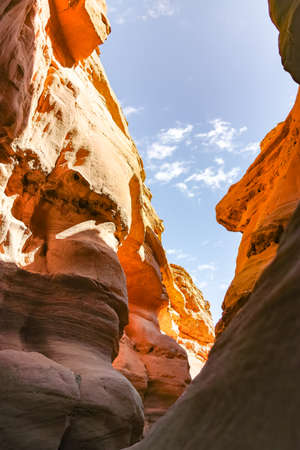 Beautiful geological formation in desert, colorful sandstone canyon walking route, Red Canyon in Negev desert, Israelの写真素材