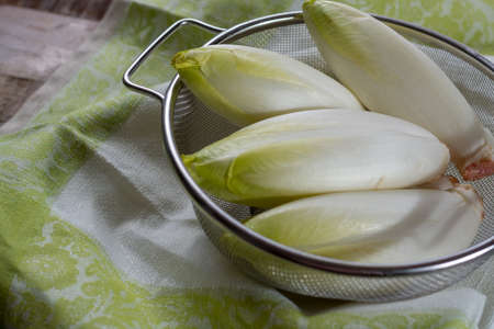 Fresh raw Belgian bitter chicory salad ready to eat, close up