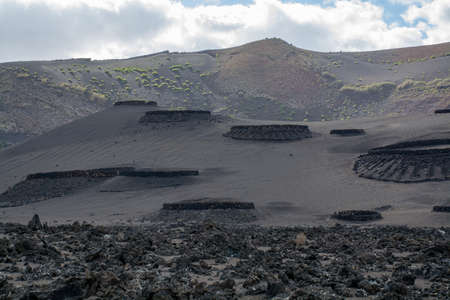 Views on black lava mountains during guided hiking discovery tour Termesana route in Timanfaya national park, Lanzarote, Canary, Spain.の写真素材