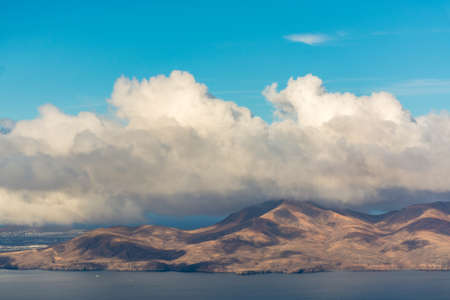 Aerial view of Lanzarote volcanic island, five minutes before landing Arrecife airport, Canary, Spainの写真素材