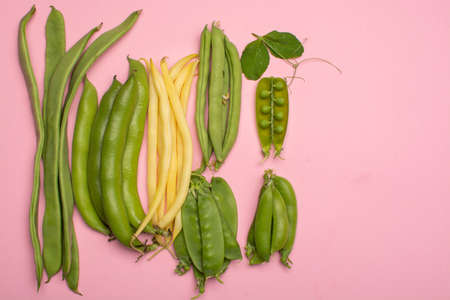 Flat lay food concept with fresh legumes,  green ripe bread beans, garden beans, sugar snaps, sweet peas, peas and yellow butter beans copy space close up isolated on pink backgroundの写真素材