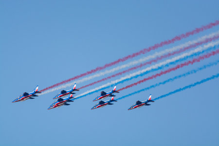 Toulon, FRANCE - August 15, 2018: Patrouille de France aerobatics team, famous demonstration of...