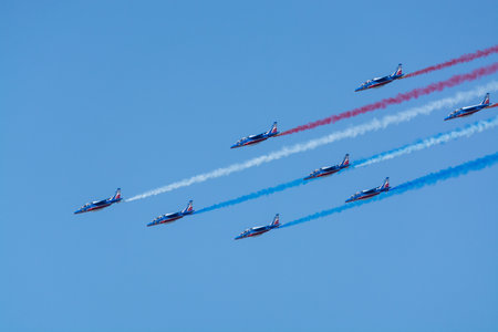Toulon, FRANCE - August 15, 2018: Patrouille de France aerobatics team, famous demonstration of...
