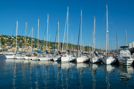 August 13, 2018, small fishermans and yacht haven, marina in Saint-Mandrier-sur-Mer, Provence, France  in sunny dayのeditorial素材
