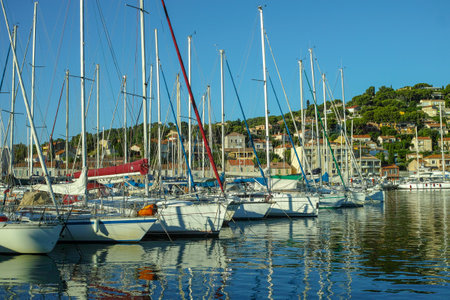 August 13, 2018, small fishermans and yacht haven, marina in Saint-Mandrier-sur-Mer, Provence, France  in sunny dayのeditorial素材