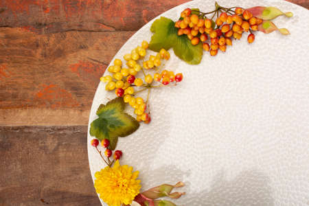 Seasonal colorful floral autumn background with flowers, berries and white round board, copy space, place for free text or restautant menuの写真素材