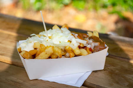 Portion of fresh fried Belgium potatoes sticks with inion, ketshup and sate sauce served outside